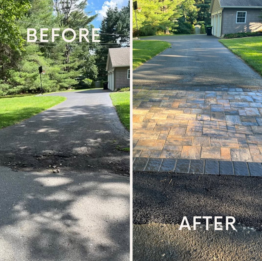 Before and after driveway apron transformation with interlocking pavers